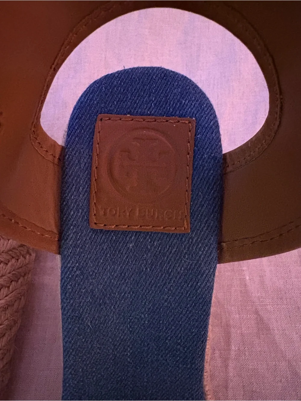 Tory Burch Navy Denim Espadrille Wedge Sandals with Pom Detail